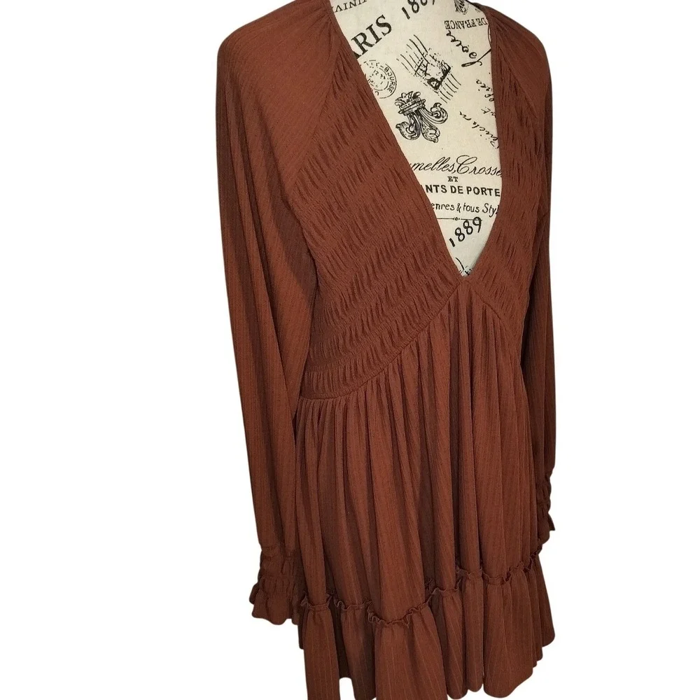 Altar State XL Rust Smocked V Neck Balloon Sleeve Tiered Ruffle Mini Dress XL - Picture 1 of 5